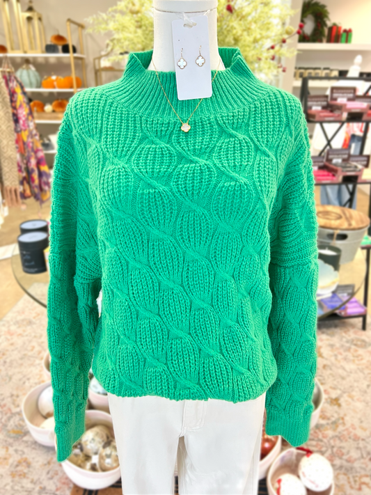 Green Cable Knit Mock Neck Sweater