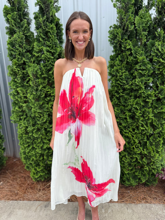 Strapless Cream Floral Dress