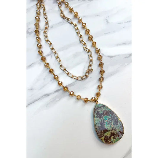 Layered Gold Beaded Necklace w/natural Stone