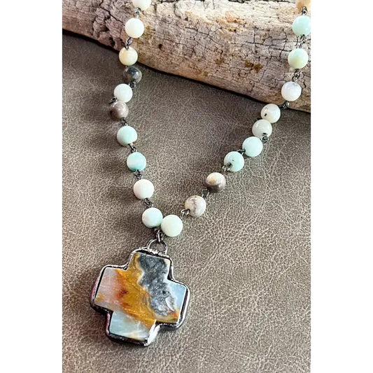 Natural Stone Beaded Necklace w/Cross Pendent