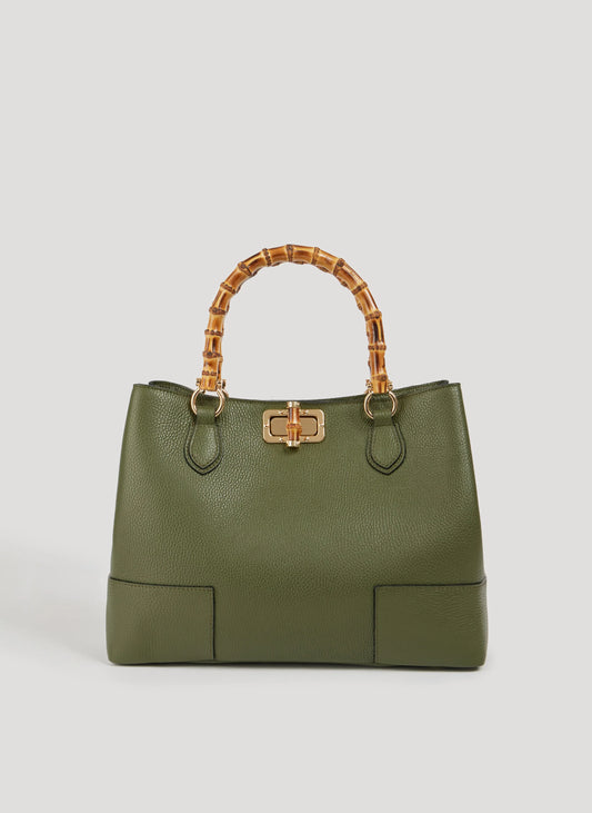 Bamboo Handle Genuine Leather Bag-Verde