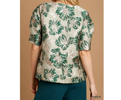 Green Floral Jacquard Top