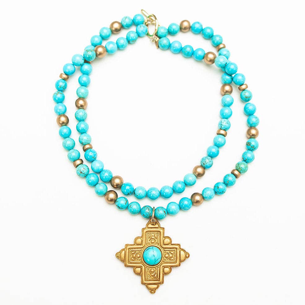 18" Double Strand Turquoise Jade with Ellie Cross