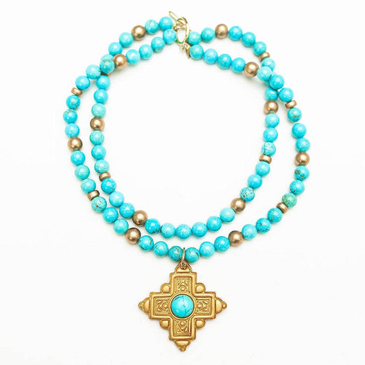 18" Double Strand Turquoise Jade with Ellie Cross