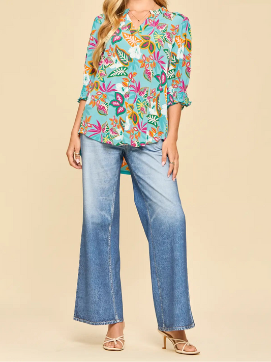 Aqua Floral 3/4 Sleeve Top