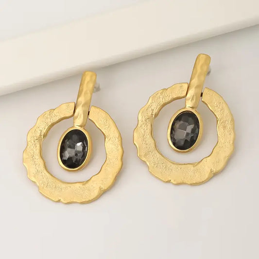 Gold Circle Earrings w/ Black Stone