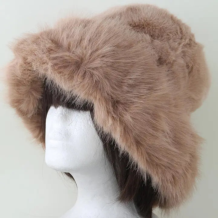 Beige Wide Fluffy Bucket Hat
