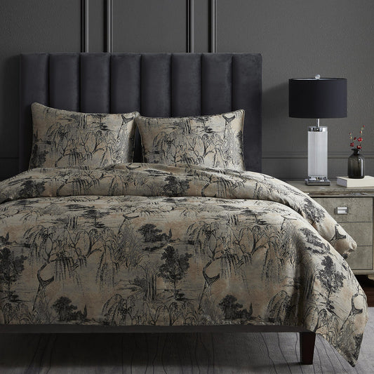 Black & Champagne Jacquard Forrest Bedding Set