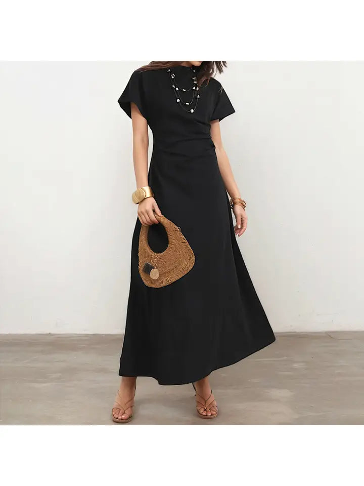 Black Pleated Cinched Waist Dress