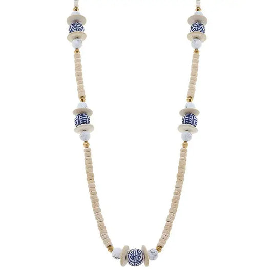 Blue Chinoiserie Wood Necklace