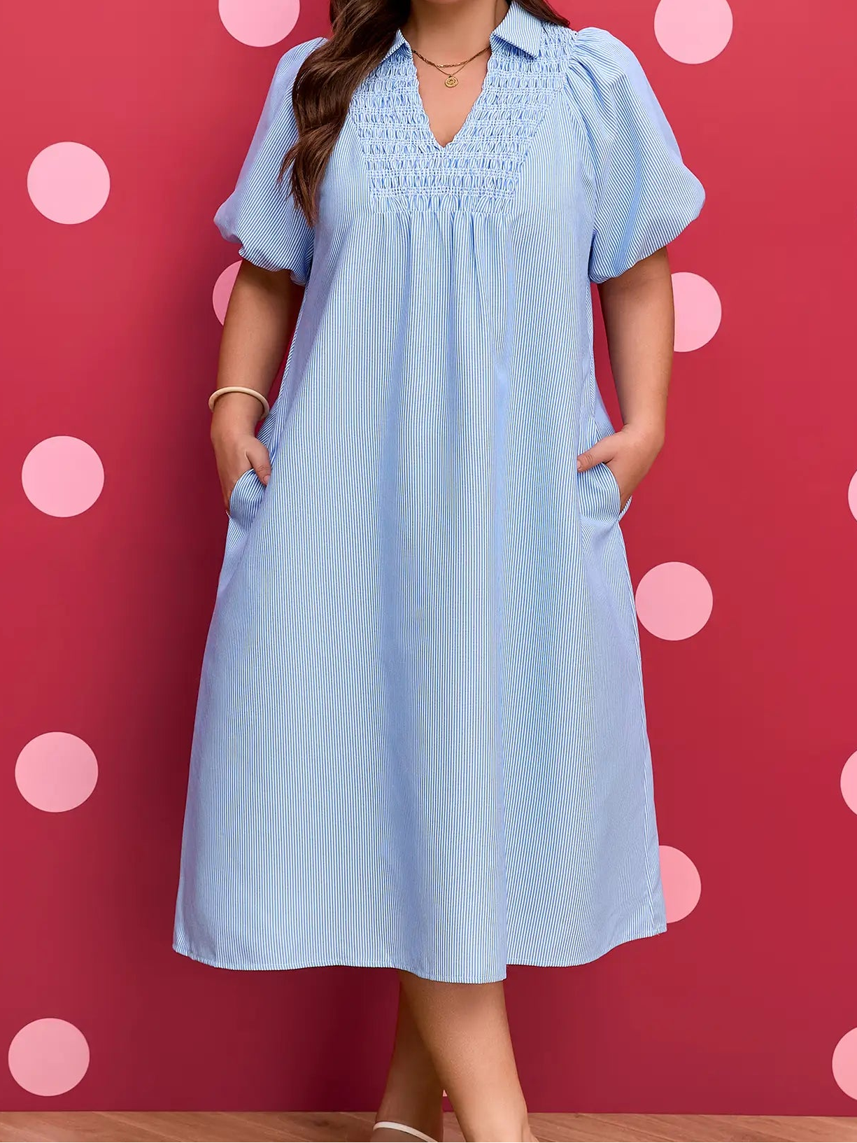 Blue Plus Size V-Neck Midi Dress
