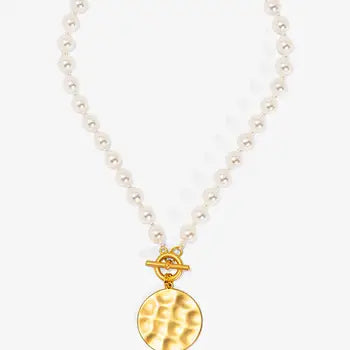 Pearl Necklace w/ Gold Hammered Pendant