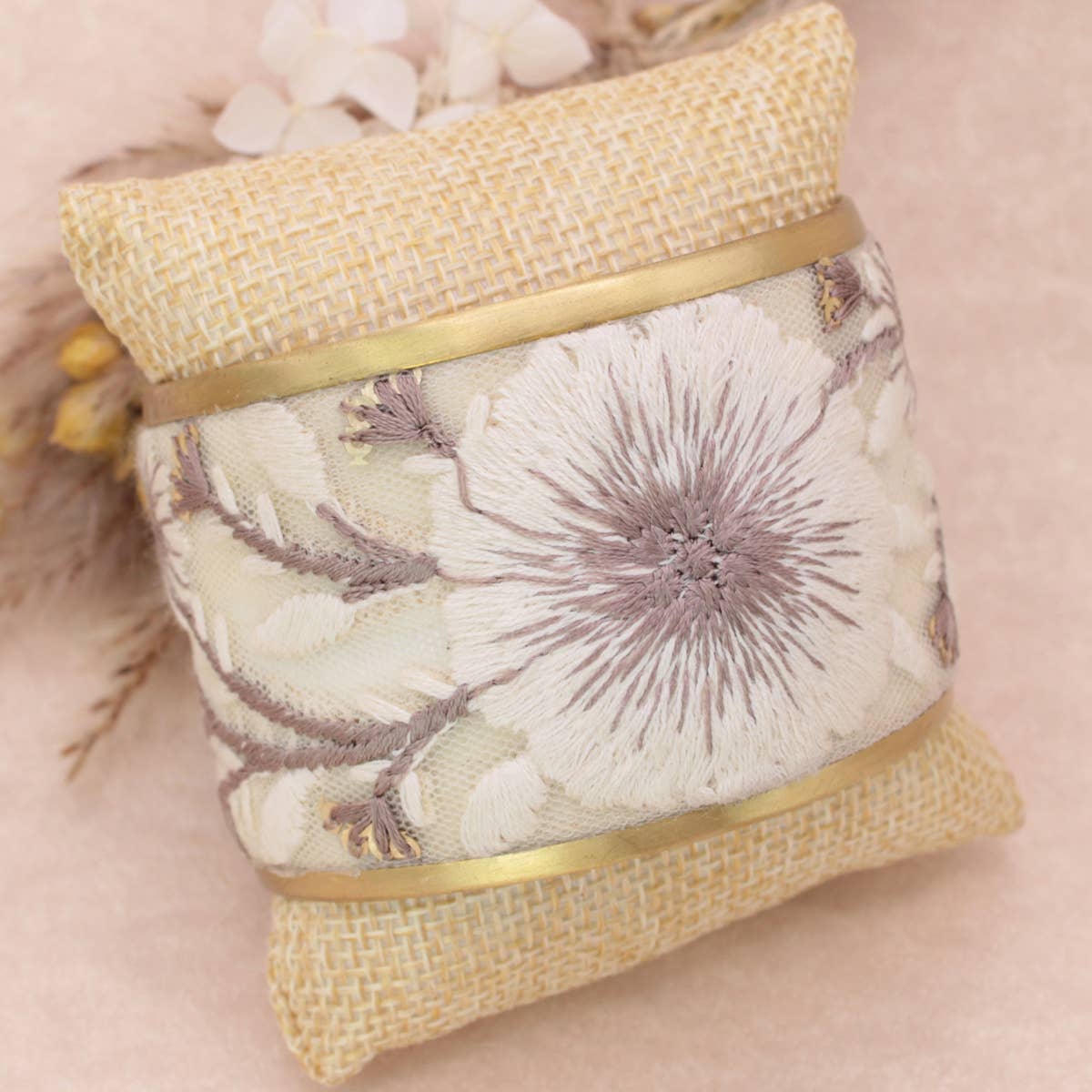 Cream Floral Embroidered Cuff Bracelet