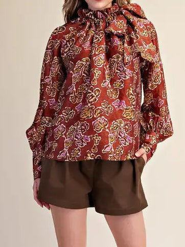 Rust Ruffle Neck Print Top