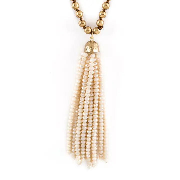 Cream Crystal Beaded Tassel Necklace