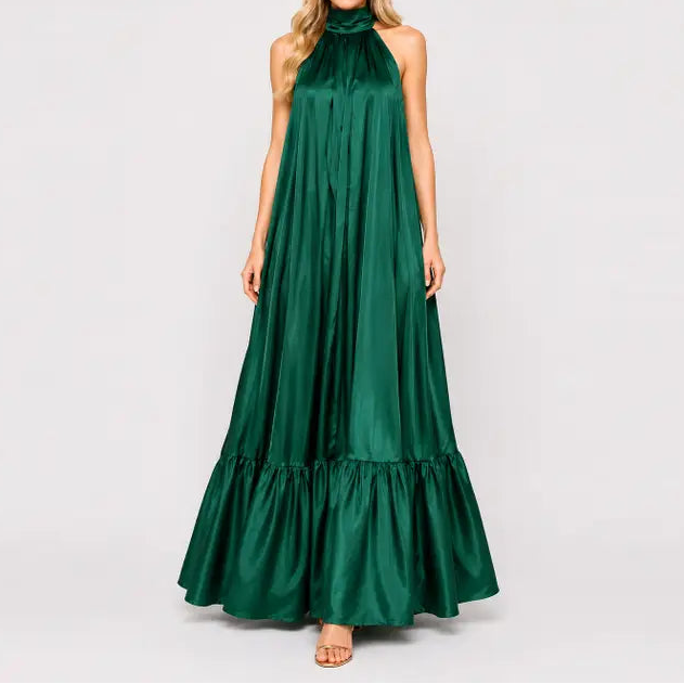 Green Satin Halter Maxi Dress