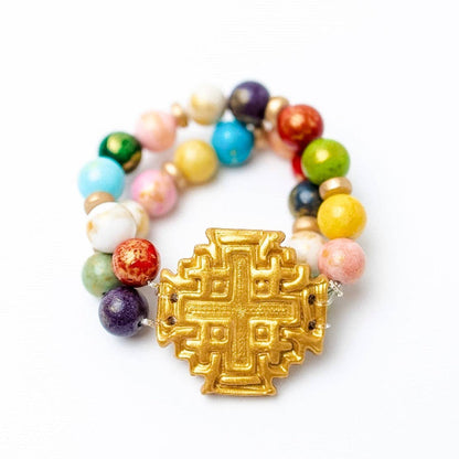 Multicolored Jade Bracelet w/ Jerusalem Cross