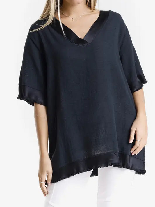 Satin Trimmed Linen Top