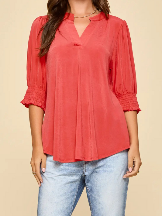 Coral Smocked 3/4 Sleeve Top