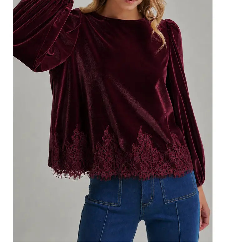 Burgundy Velvet Lace Detail Top