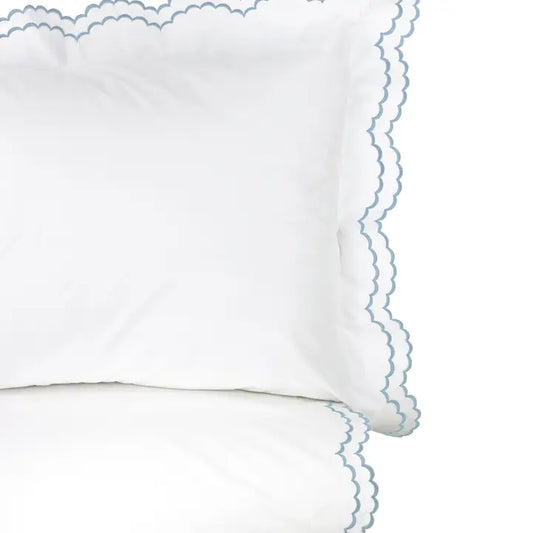 Scalloped Cotton Percale Duvet Cover Set-Blue/White