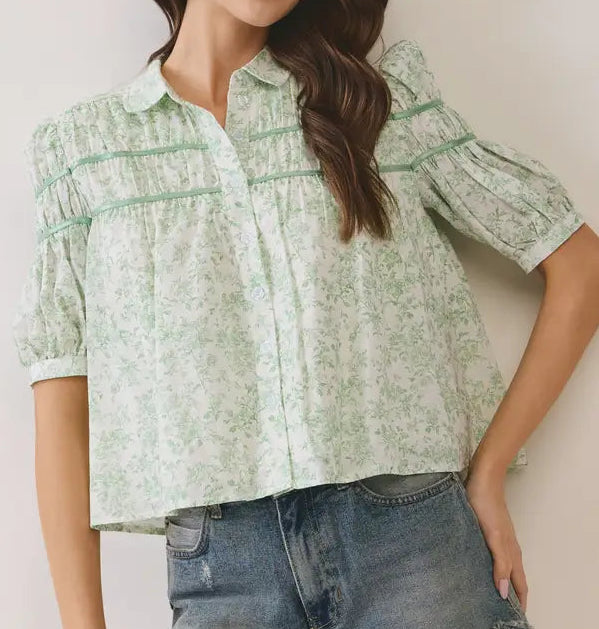 Green Floral Button-Down Top