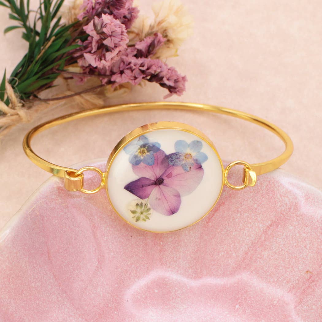 White Posy Purple Dried Flower Gold Cuff Bracelet