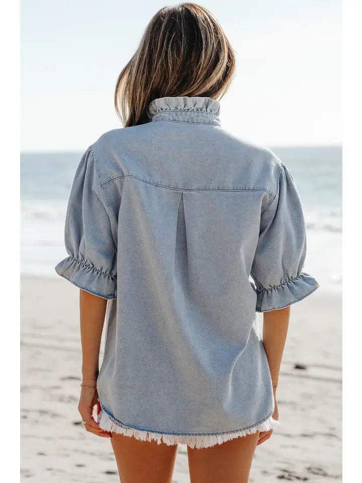 Denim Ruffle Puff Sleeve Top
