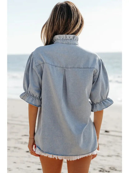 Denim Ruffle Puff Sleeve Top