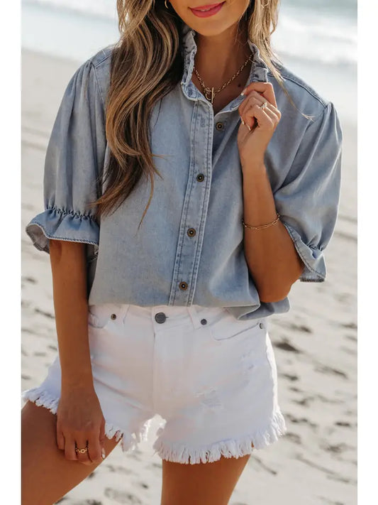 Denim Ruffle Puff Sleeve Top
