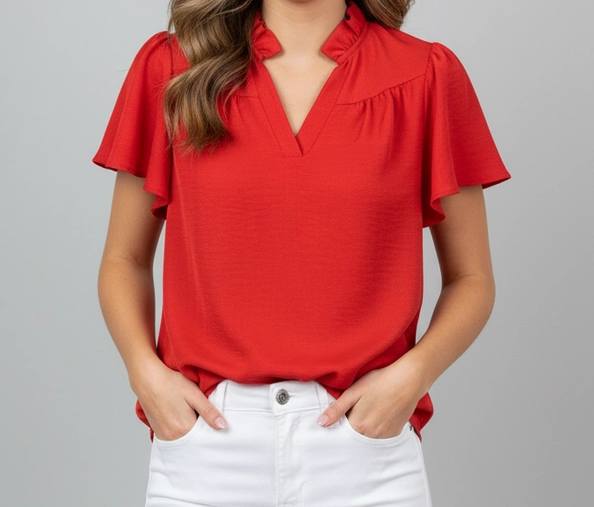 Short Sleeve Ruffle Red Top