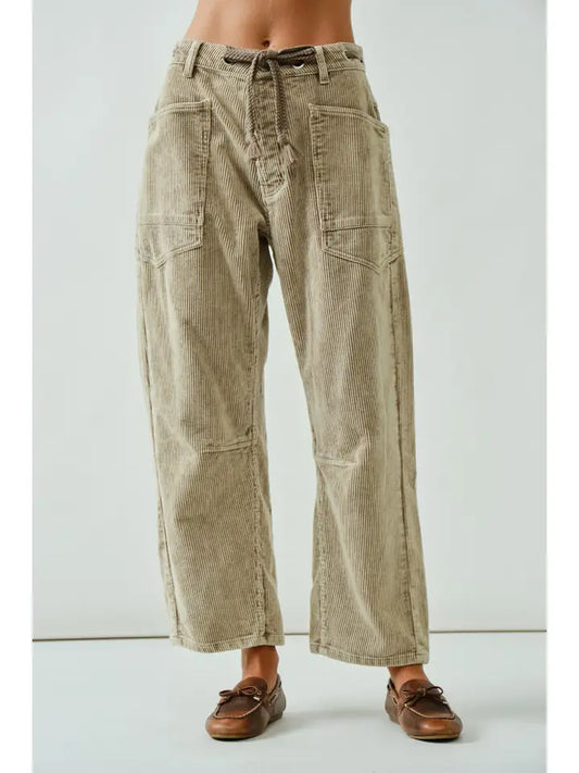 Beige Corduroy Barrel Pants