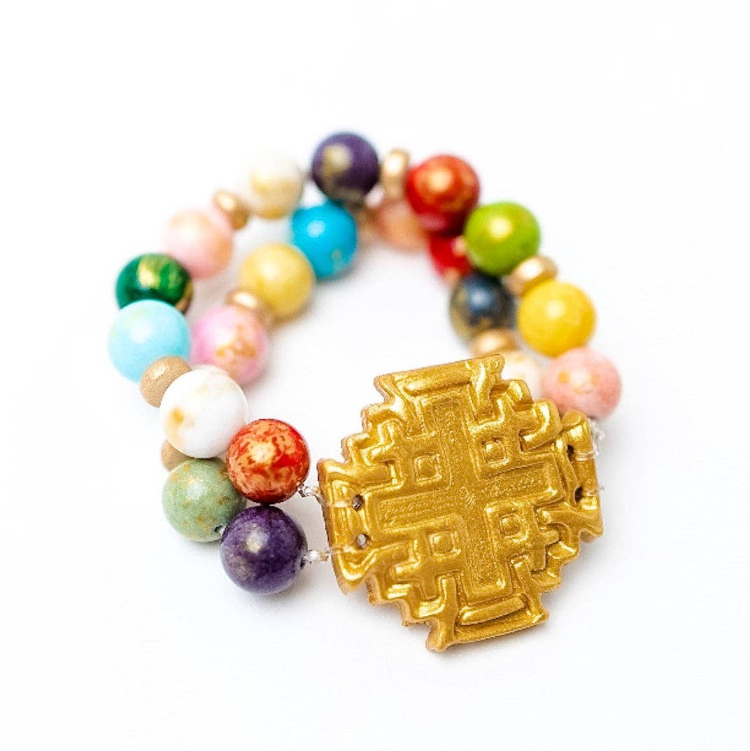 Multicolored Jade Bracelet w/ Jerusalem Cross