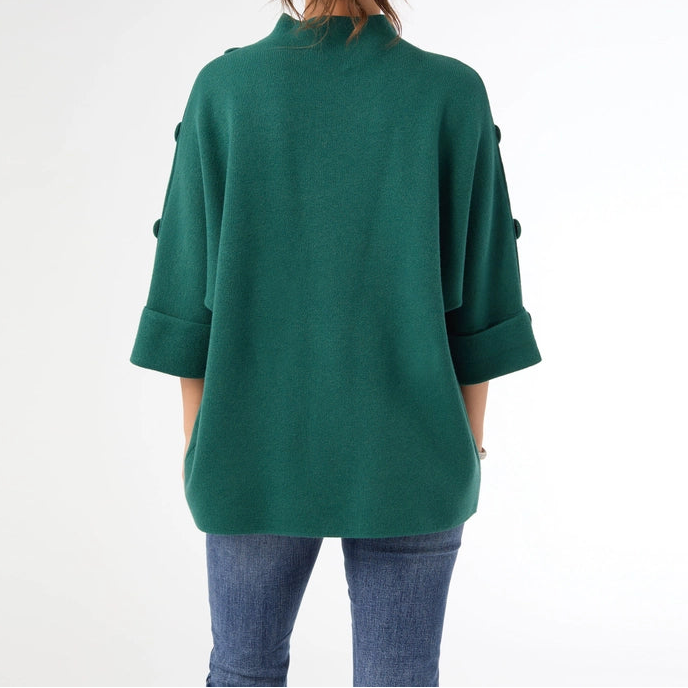 Green Funnel Neck Button Detail Top