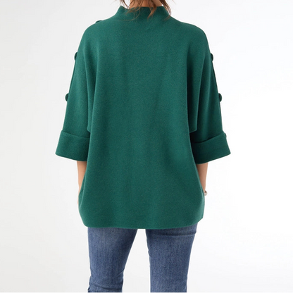 Green Funnel Neck Button Detail Top