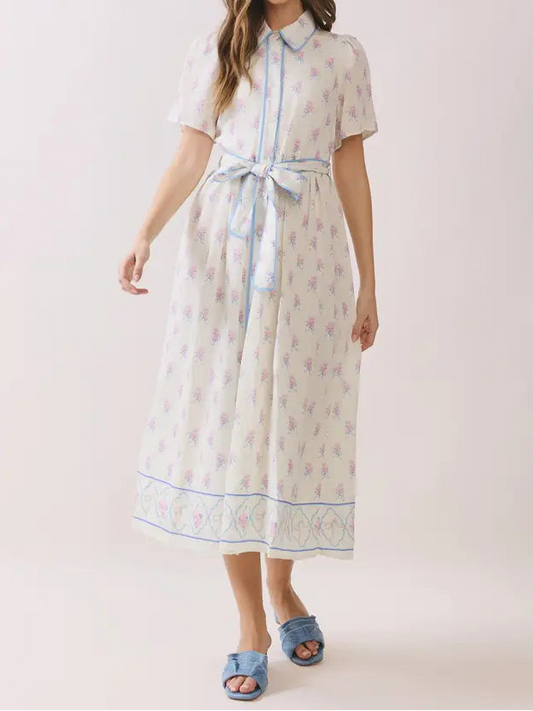 Cream, Pink & Blue Tie Waist Dress