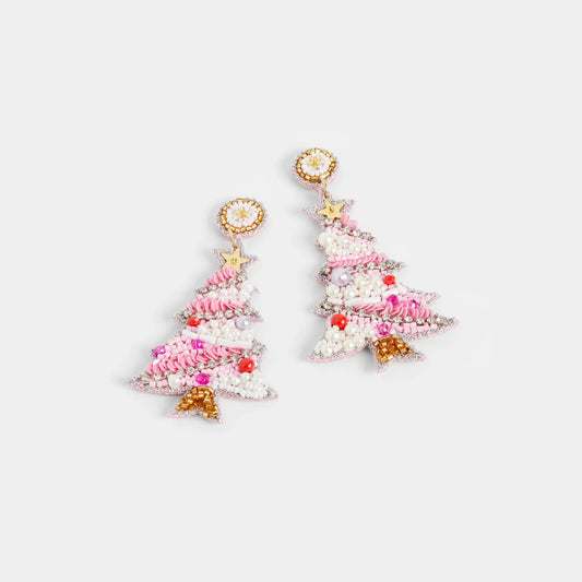 Pink & Gold Beaded Christmas Tree Earrings