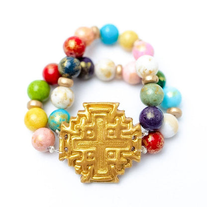 Multicolored Jade Bracelet w/ Jerusalem Cross