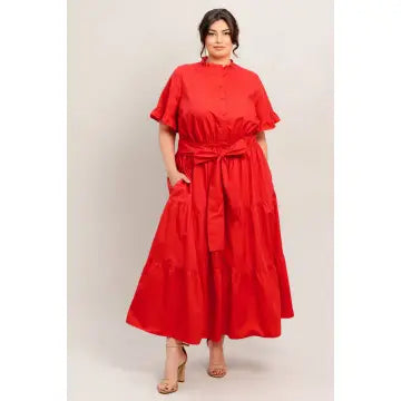 Plus Size Ruffle Detail Midi Dress (Red)