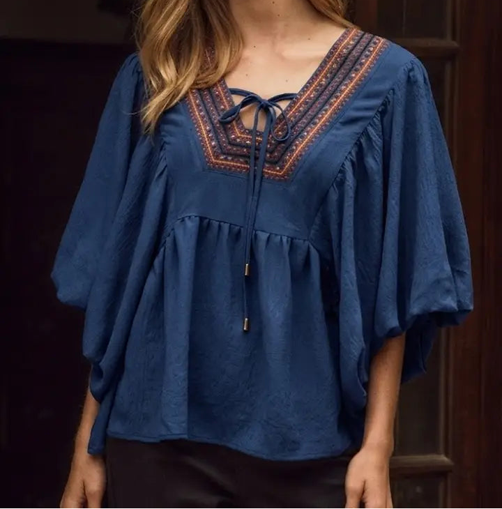 Navy Puff Sleeve Top