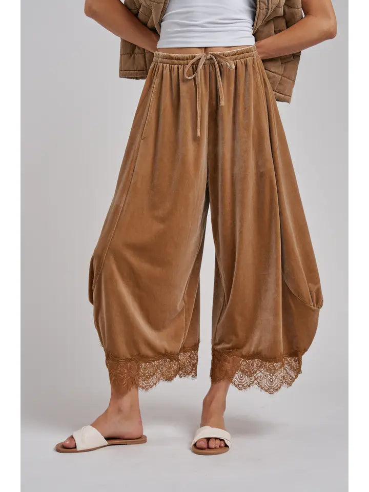 Taupe Velvet Flowy Wide Leg Pants