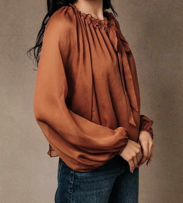 Ruffled Neck Peasant Lined Blouse