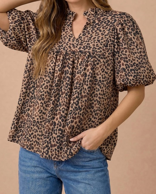 Leopard Puff Sleeve Top
