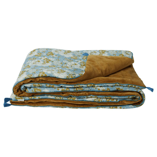 Blue Floral & Velvet Queen Bed Runner