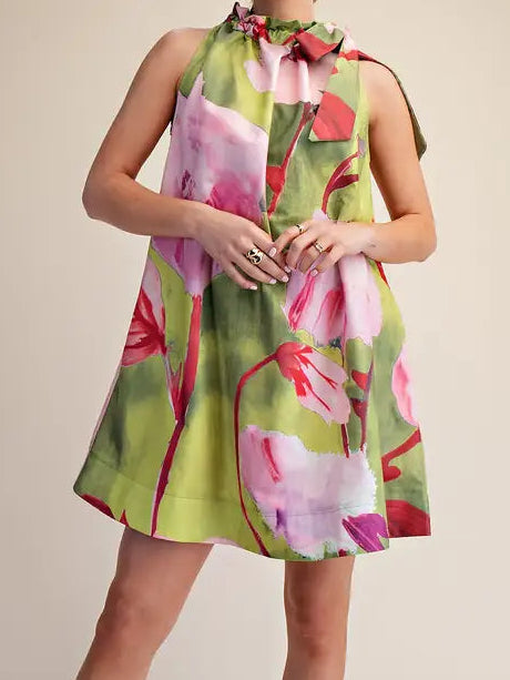 Lime Tie Neck Floral Dress
