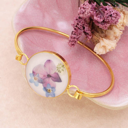 White Posy Purple Dried Flower Gold Cuff Bracelet