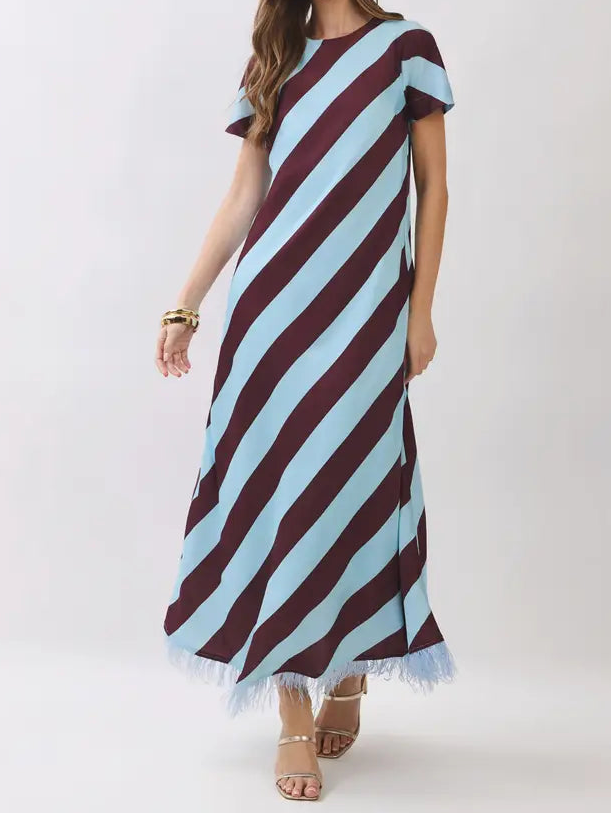 Blue Stripe Dress w/Feather Detail