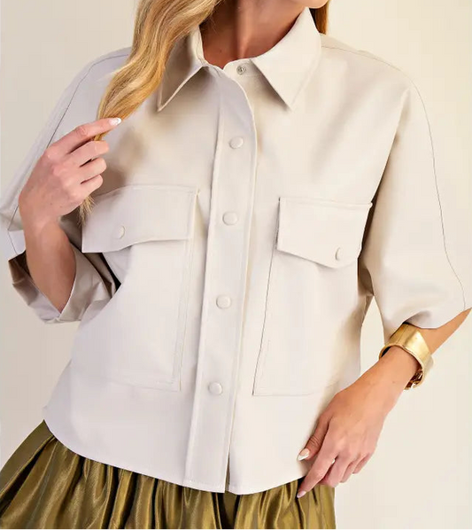 Beige Faux Leather Button Down Shirt