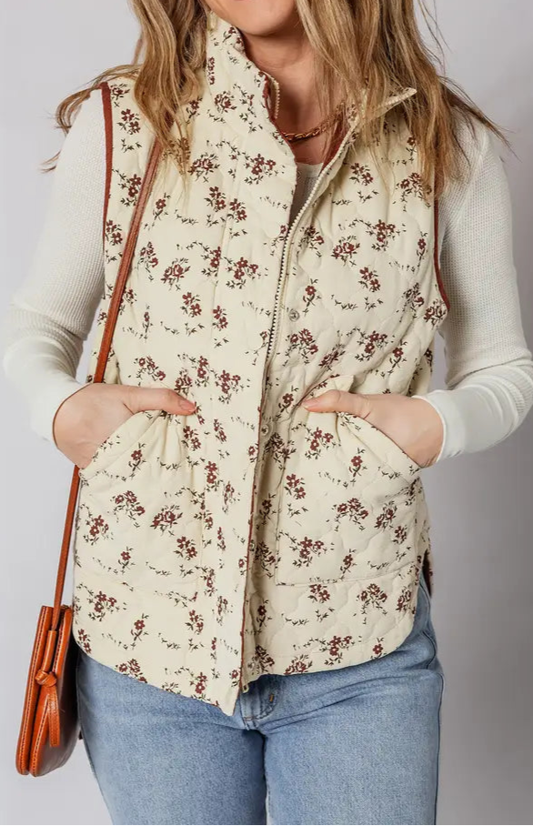 Floral Zip Puffer Vest