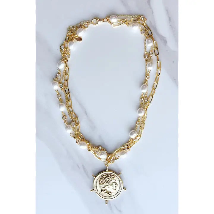 Layered Gold Coin Necklace w/Pearls